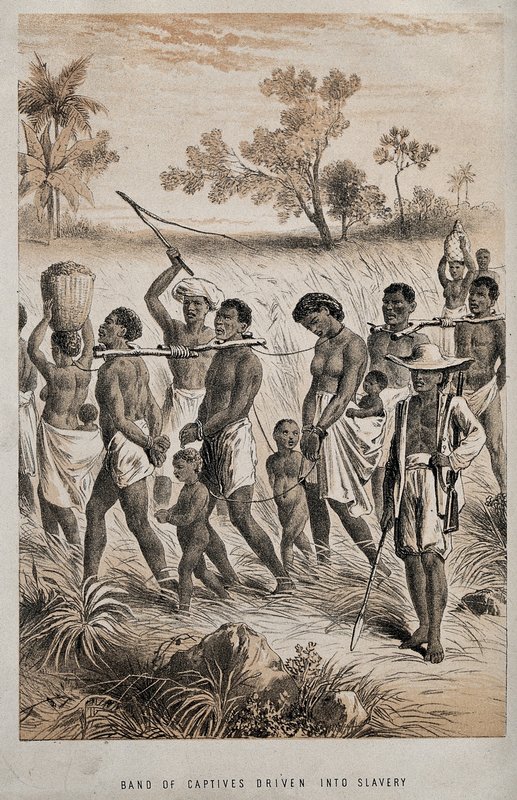 V0050647 Group of men and women being taken to a slave market Credit: Wellcome Library, London. Wellcome Images images@wellcome.ac.uk http://wellcomeimages.org Group of African men, women and children captured and in shackles, are herded by men with whips and guns in order to become slaves. "Band of captives driven into slavery" Lithograph 1880 Published: ca. 1880. Copyrighted work available under Creative Commons Attribution only licence CC BY 4.0 http://creativecommons.org/licenses/by/4.0/