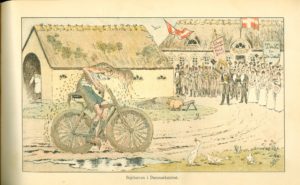 Bornholmeren Rasmus V. Lunge vandt Danmarksløbet i 1889. Blæksprutten bragte denne tegning og medfølgende tekst om begivenheden.